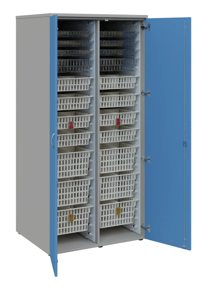 EUROMEDICA D - 90 skříň léková boxová, 2-dveřová, 1950x900x735, korpus šedý, dvířka pastelově modrá